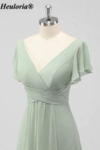 heuloria Sage Green V-Neck Flutter Sleeve Bridesmaid Dress with Draped Skirt ed-530