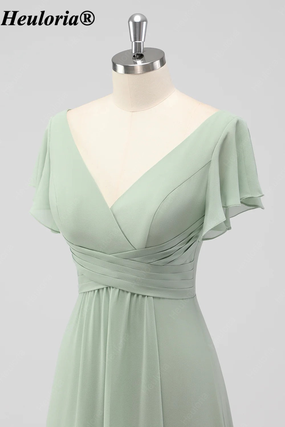heuloria Sage Green V-Neck Flutter Sleeve Bridesmaid Dress with Draped Skirt ed-530