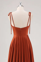 HEULORIA Rust Satin Cowl Sweetheart Maxi Dress with Tie-Shoulder Straps and Side Slit ED-249