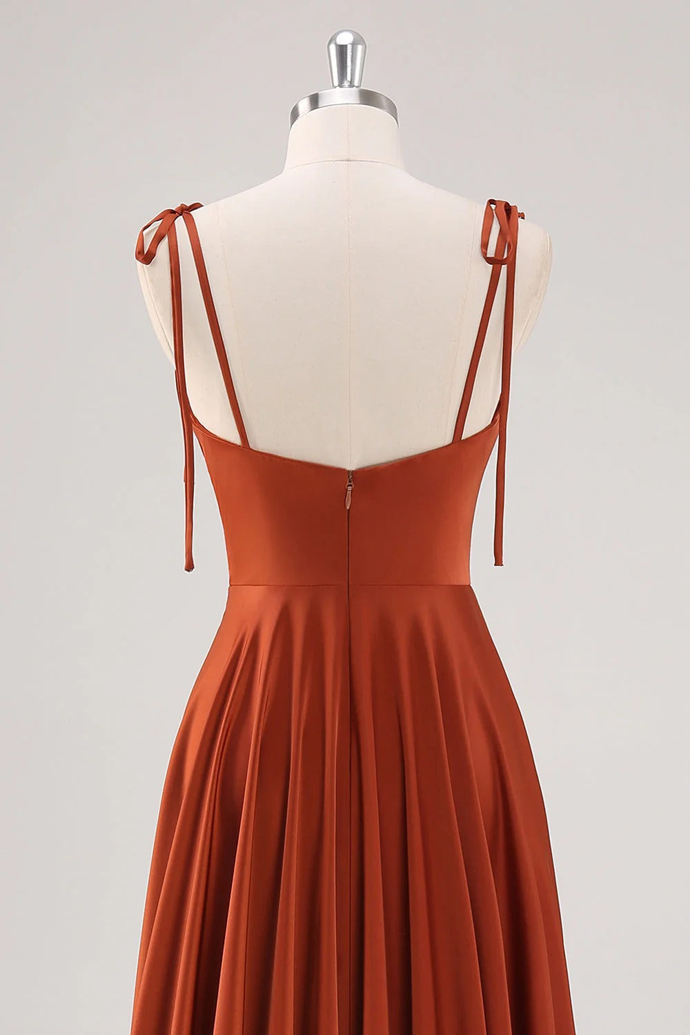 HEULORIA Rust Satin Cowl Sweetheart Maxi Dress with Tie-Shoulder Straps and Side Slit ED-249