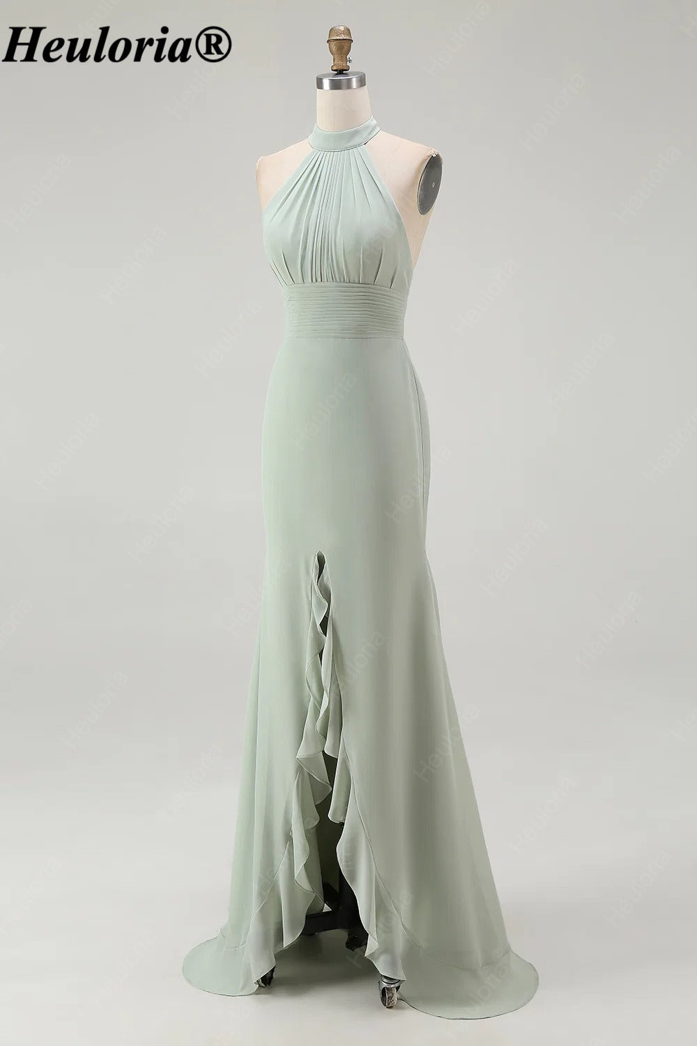 heuloria-Dusty Sage Halter Bridesmaid Dress with Ruffle Slit-ed-552
