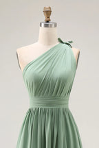 HEULORIA Sage Green One-Shoulder Pleated Chiffon Floor-Length Bridesmaid & Evening Dress ED-243