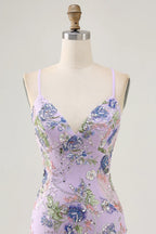 HEULORIA Floral Embroidered Sequin Bodycon Mini Dress with Sheer Mesh Cut-outs and Lace-Up Back ED-597