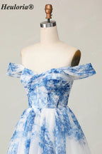 HEULORIA French Chic Blue and White Floral Tulle Mini Party Dress - Convertible Off-the-Shoulder A-Line Cocktail Gown ED-656