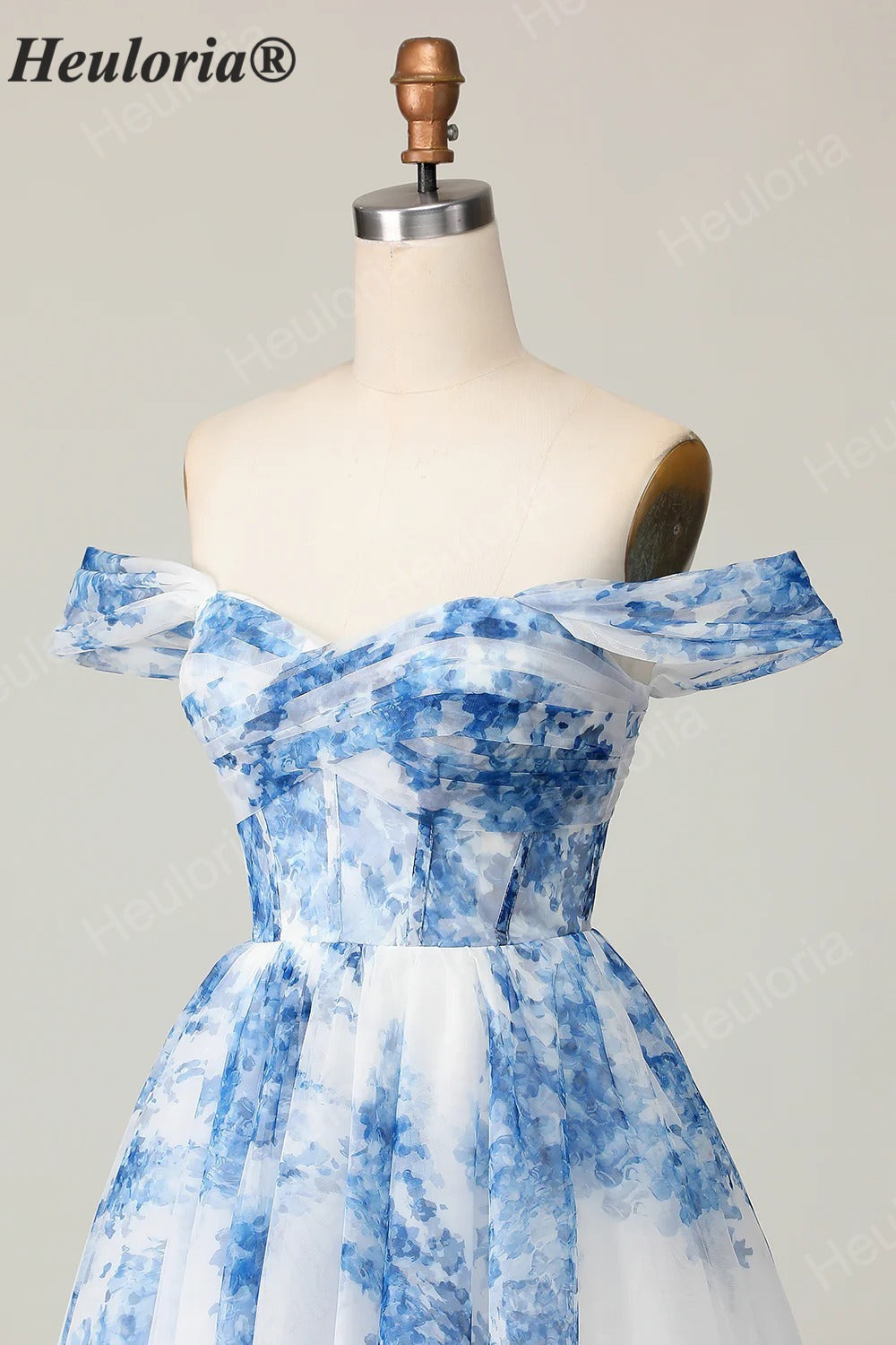 HEULORIA French Chic Blue and White Floral Tulle Mini Party Dress - Convertible Off-the-Shoulder A-Line Cocktail Gown ED-656