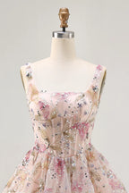 HEULORIA Sparkly Floral Embroidered Mini Homecoming Dress with Corset Bodice and Lace-up Back ED-598
