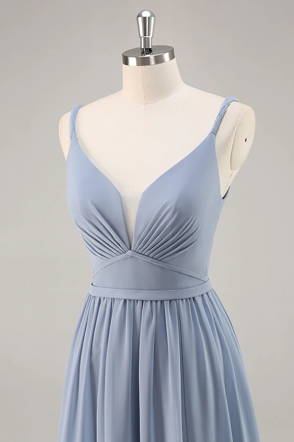HEULORIA Dusty Blue V-Neck Chiffon Bridesmaid Dress with Twisted Straps and Side Slit ED-259