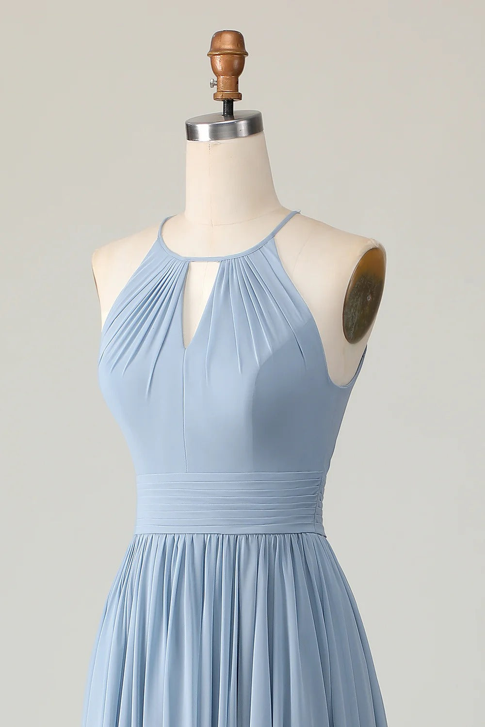HEULORIA Dusty Blue Halter Keyhole Pleated Chiffon Bridesmaid Dress - Floor Length ED-246