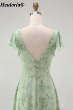 heuloria-Floral V-Neck Flutter Sleeve Bridesmaid Dress with Ruffle Slit-ed-564