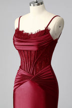 HEULORIA Elegant Burgundy Satin Mermaid Evening Dress with Beaded Corset Bodice and Lace-Up Back ED-578