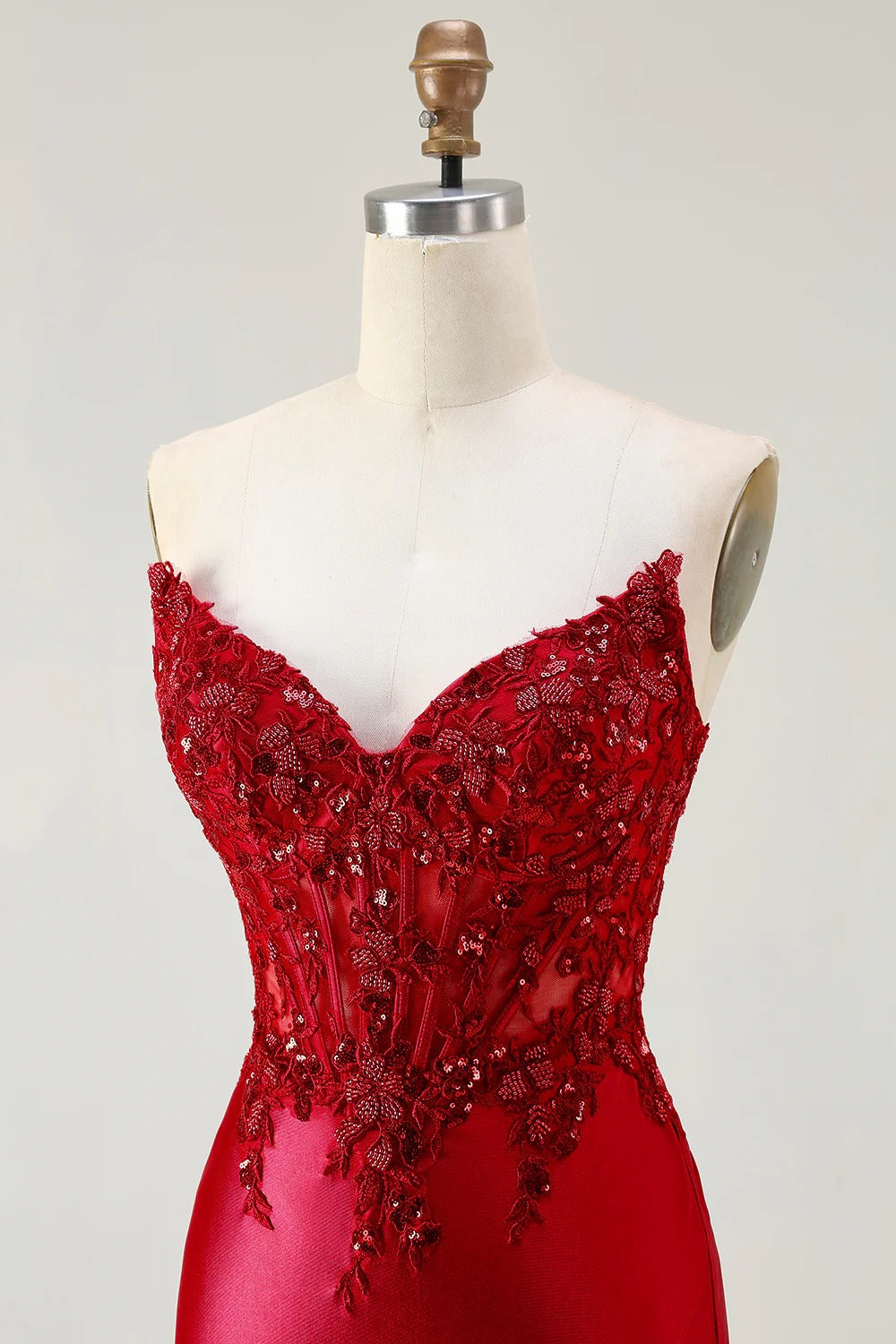 HEULORIA Elegant Red Mermaid Prom Dress with Illusion Lace Corset and High Slit ED-362