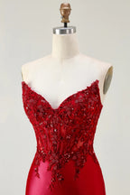 HEULORIA Elegant Red Mermaid Prom Dress with Illusion Lace Corset and High Slit ED-362