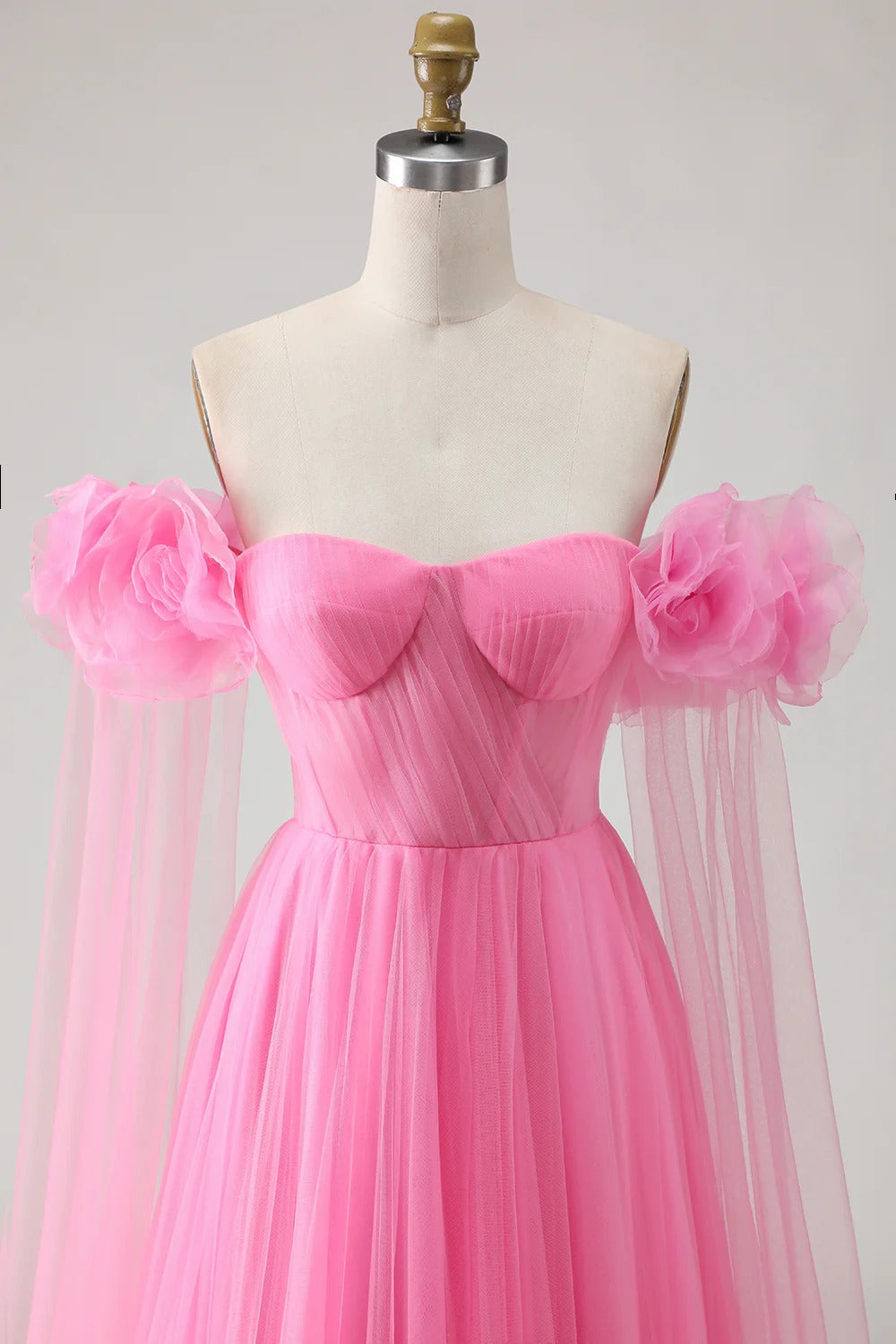 Heuloria Romantic Off-the-Shoulder Pink Tulle Prom Dress with 3D Floral Sleeves & Ruched Bodice ED-512