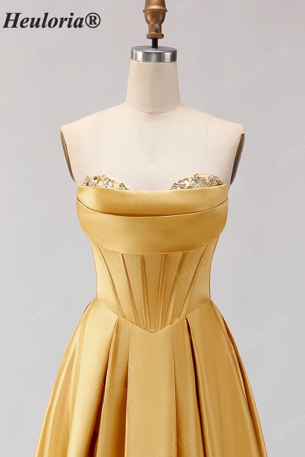 HEULORIA Strapless Golden Satin Ball Gown with Beaded Corset Bodice and Pleated Skirt ED-516