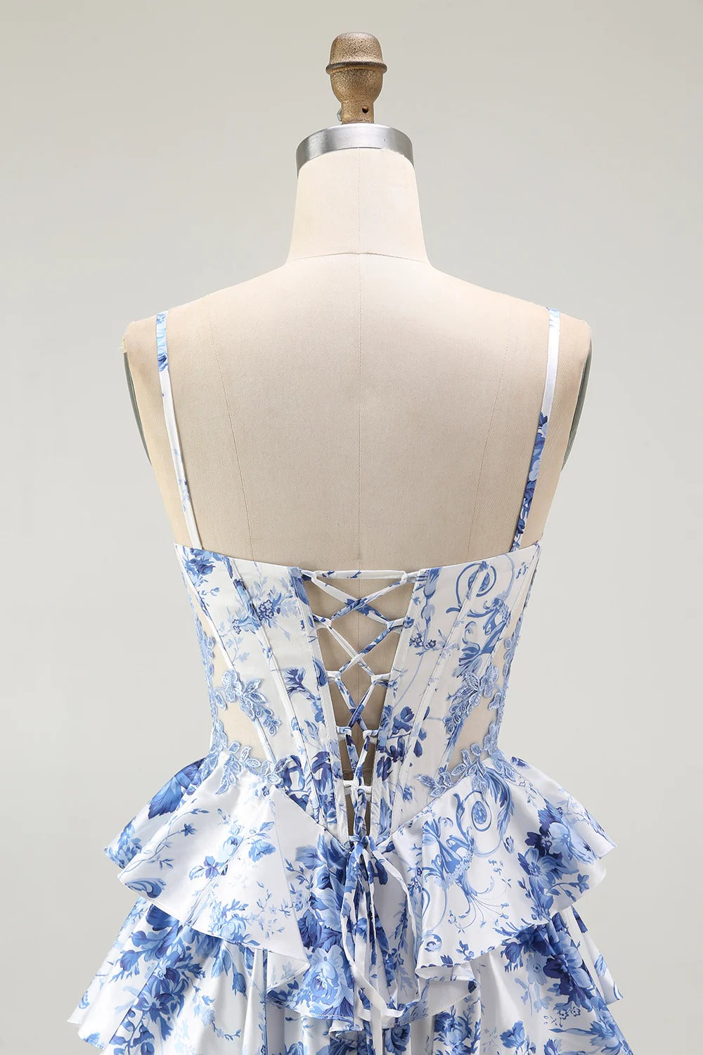 Heuloria Blue & White Floral Tiered Ruffle Maxi Dress - Elegant Spaghetti Strap Corset Prom Gown with Lace-Up Back ED-352
