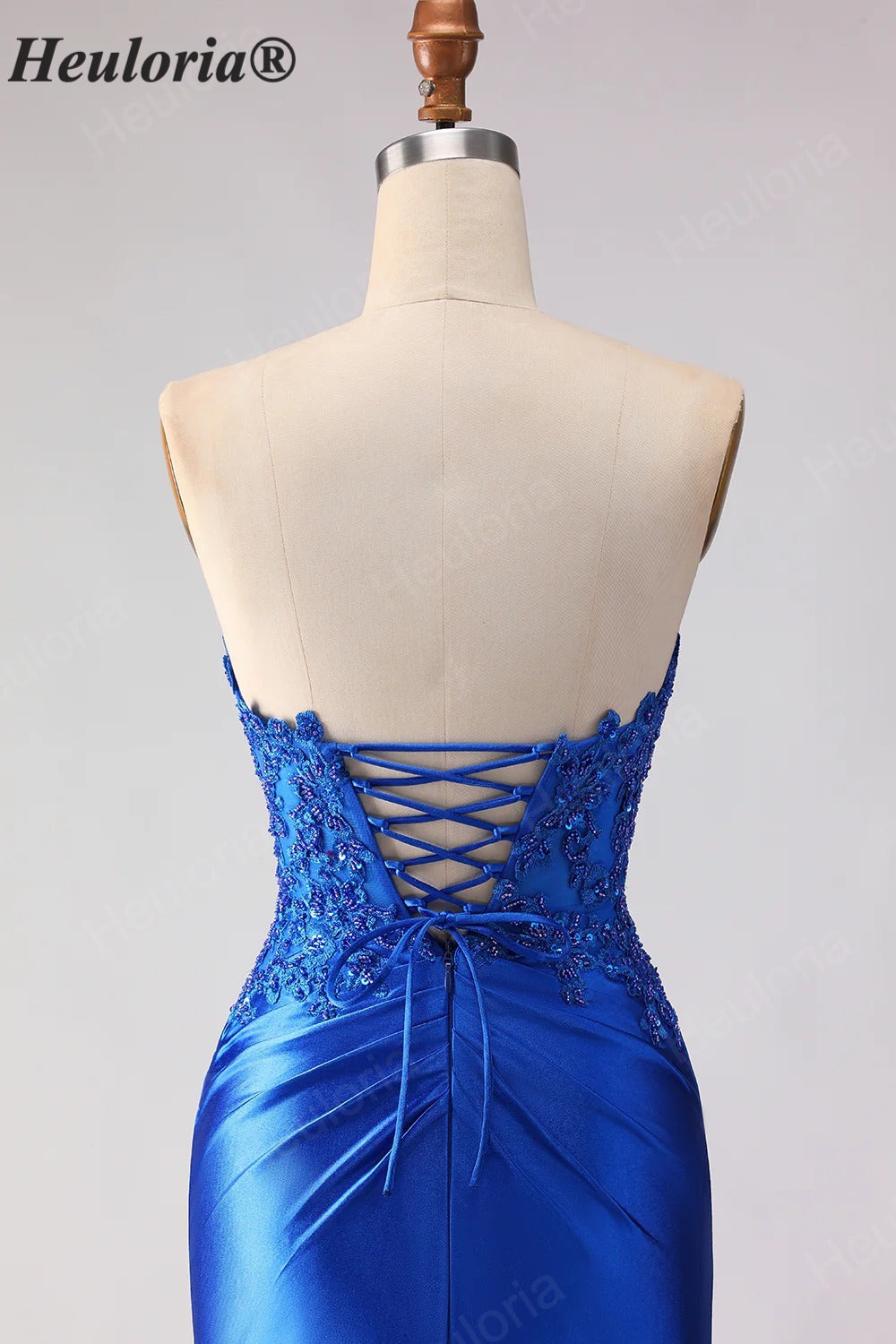 HEULORIA Royal Blue Strapless Mermaid Satin Prom Dress with Lace Appliqué & Thigh Slit ED-655