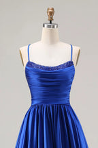 HEULORIA Royal Blue Satin A-Line Evening Dress with Beaded Neckline and Lace-up Back ED-523