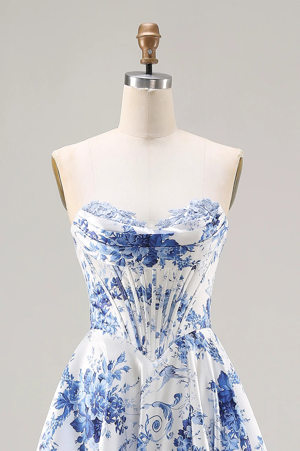 Heuloria Elegant Toile de Jouy Blue and White Porcelain Print A-Line Prom Dress with High Slit & Corset Bodice ED-513