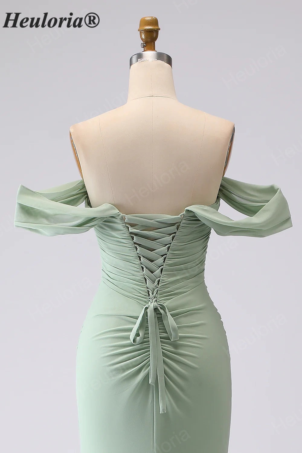 HEULORIA Elegant Off-The-Shoulder Ruched Sage Green Chiffon Mermaid Bridesmaid Dress with Lace-Up Back ED-654