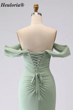 HEULORIA Elegant Off-The-Shoulder Ruched Sage Green Chiffon Mermaid Bridesmaid Dress with Lace-Up Back ED-654