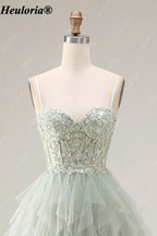 heuloria Dusty Green Floral Corset Tulle Prom Dress with Cascading Ruffles ed-518