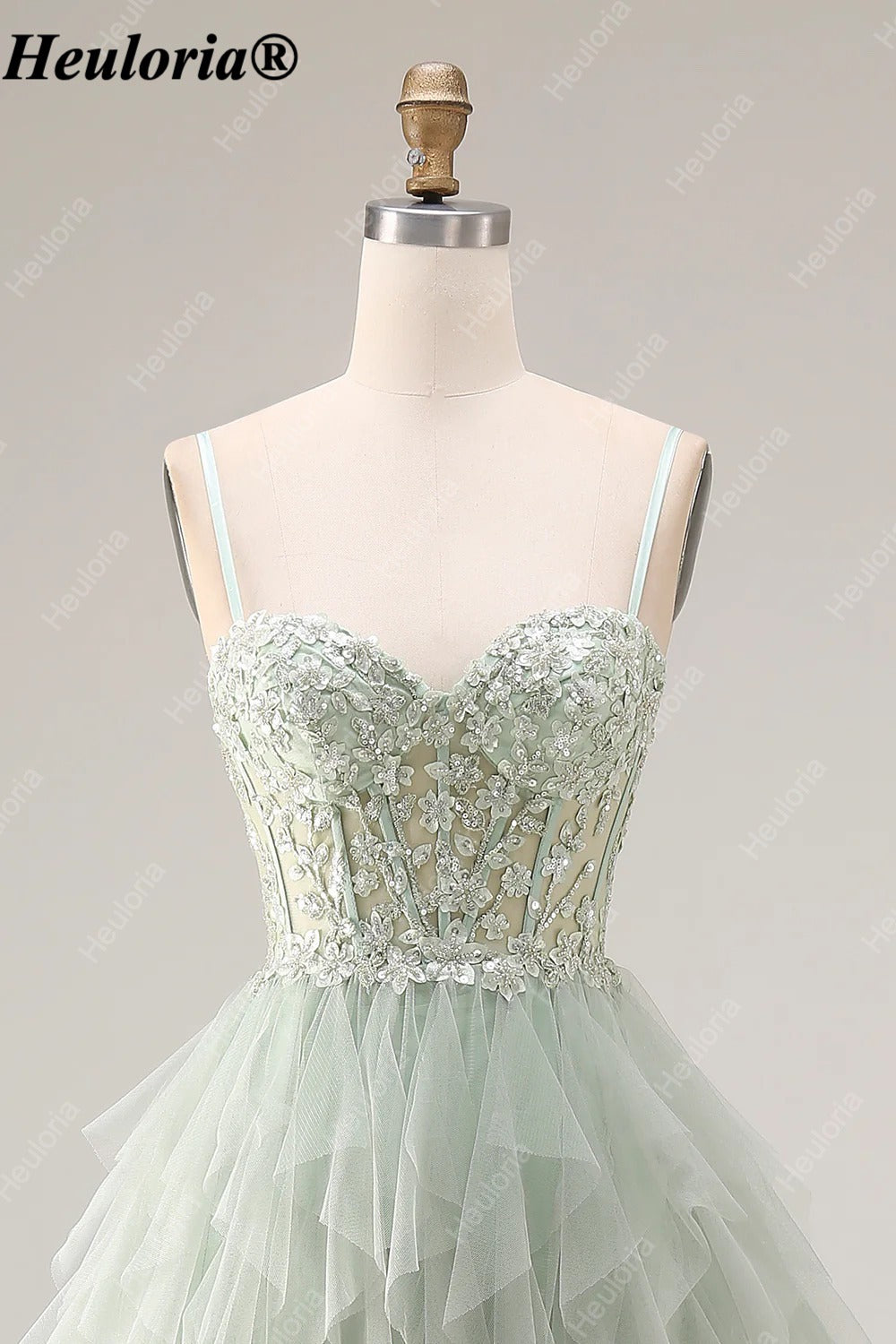 heuloria Dusty Green Floral Corset Tulle Prom Dress with Cascading Ruffles ed-518