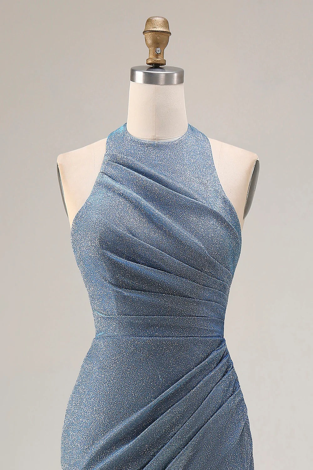 HEULORIA Shimmering Dusty Blue Halter Neck Ruched Evening Gown with High Slit ED-519