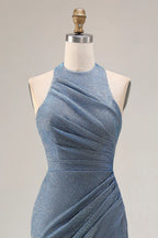 HEULORIA Shimmering Dusty Blue Halter Neck Ruched Evening Gown with High Slit ED-519