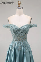 Heuloria Off-the-Shoulder Illusion Lace Bodice Satin A-Line Evening Gown ED-501