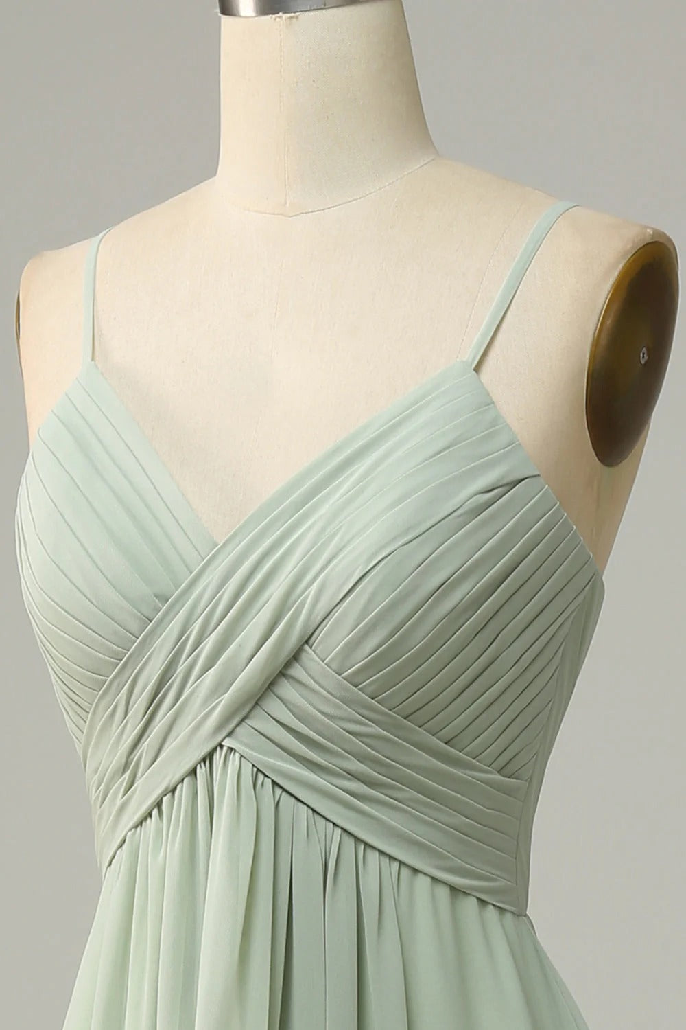 HEULORIA Dusty Sage V-Neck Criss-Cross Pleated Chiffon Maxi Dress - Adjustable Spaghetti Straps Bridesmaid Dress ED-254