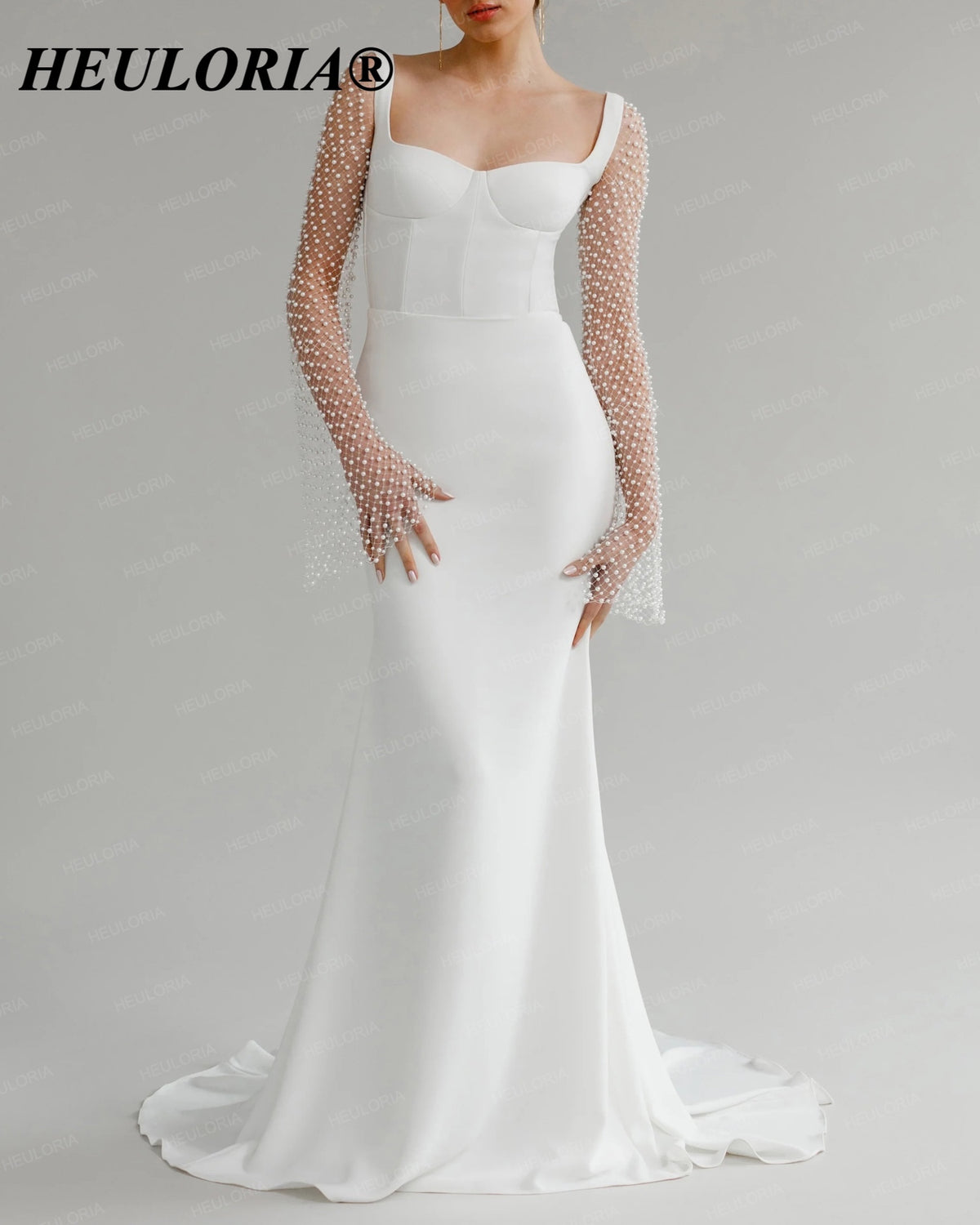 HEULORIA Pearl Beaded Long Sleeve Mermaid Wedding Dress ME-155