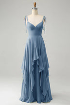 HEULORIA Elegant Cascading Ruffle Chiffon Bridesmaid Dress - Tie-Shoulder V-Neck Maxi Gown ED-252