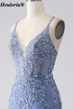 HEULORIA Dusty Blue Lace Mermaid Prom Dress with Tiered Tulle Skirt ED-346