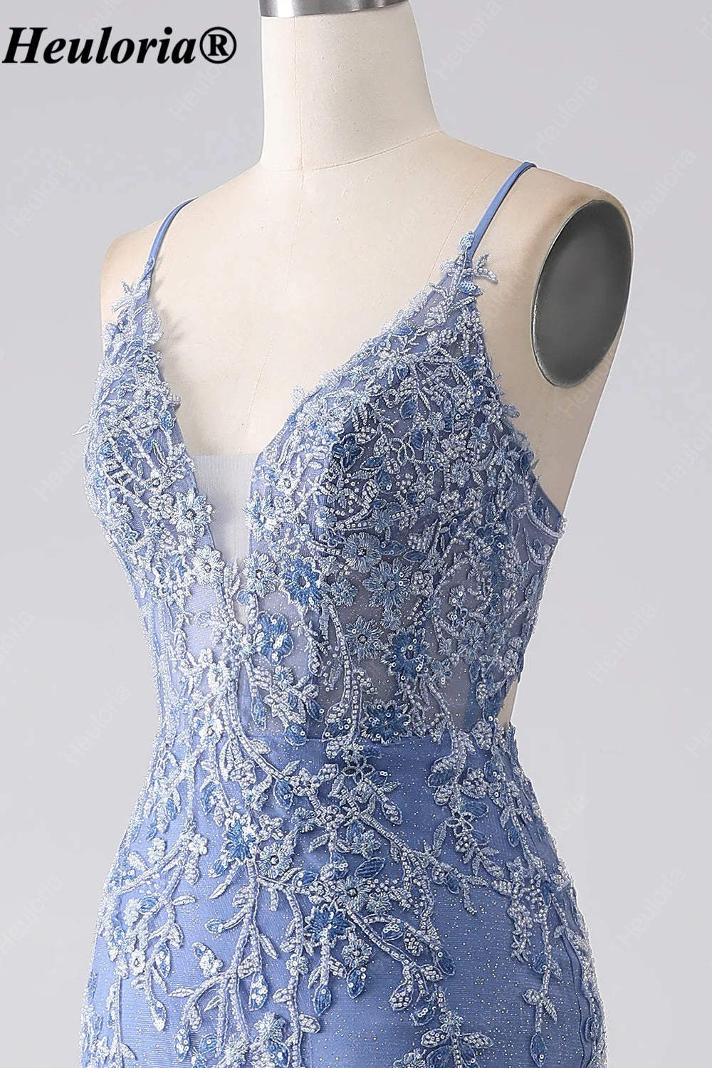 HEULORIA Dusty Blue Lace Mermaid Prom Dress with Tiered Tulle Skirt ED-346