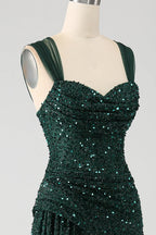 HEULORIA Glamorous Emerald Green Sequin High Slit Evening Gown with Ruched Bodice ED-373