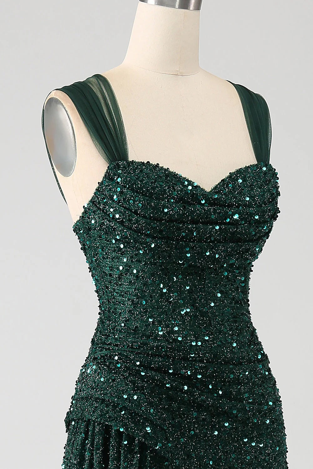 HEULORIA Glamorous Emerald Green Sequin High Slit Evening Gown with Ruched Bodice ED-373