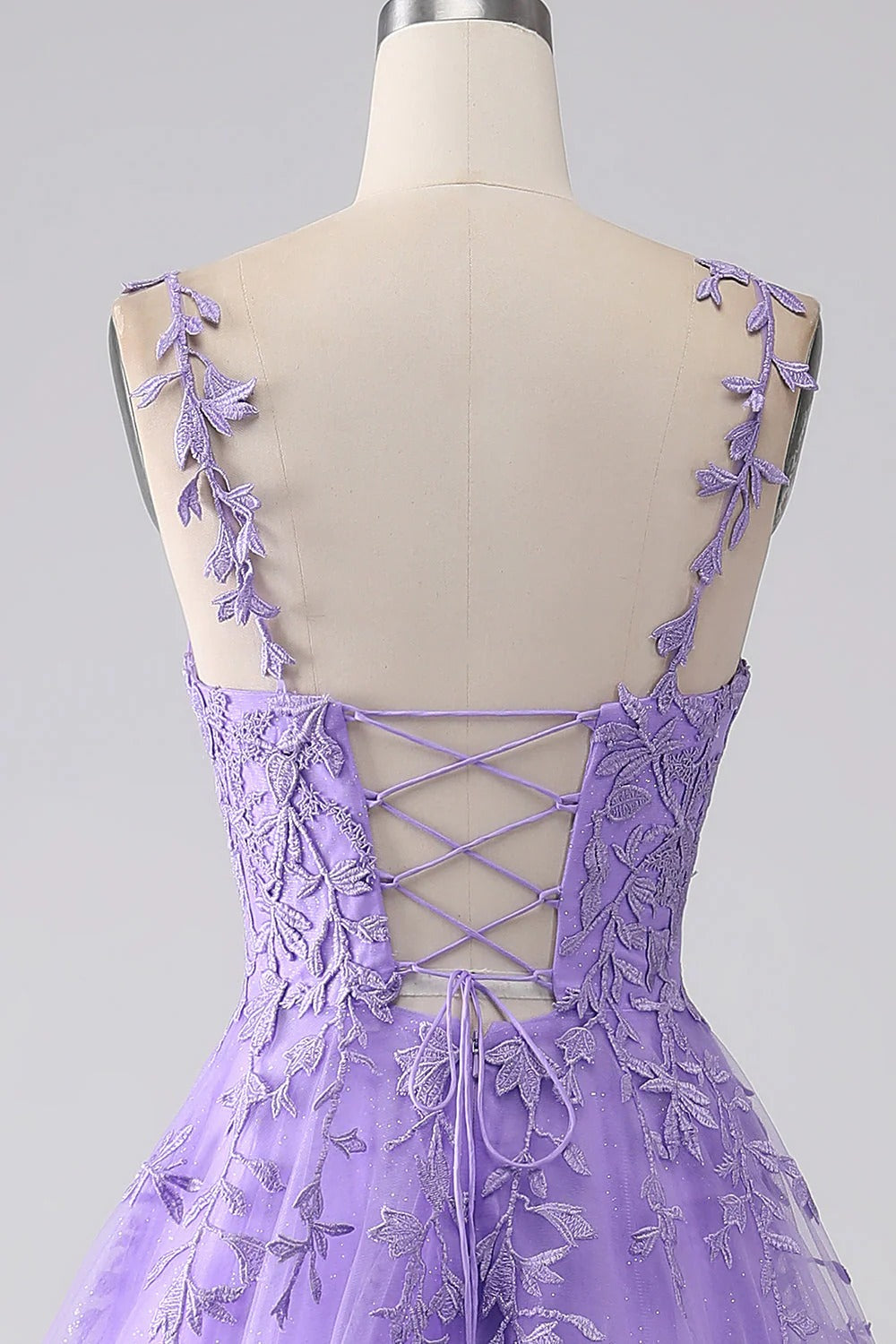 HEULORIA Sparkly Lilac V-Neck Lace Prom Dress - Leafy Embroidery Straps & Corset Back ED-372