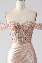 HEULORIA Off-the-Shoulder Sequin Corset High Slit Metallic Mermaid Prom Dress ED-240