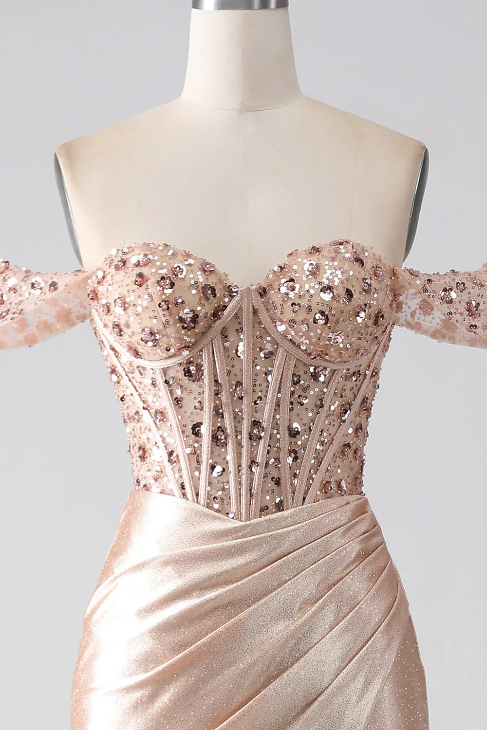 HEULORIA Off-the-Shoulder Sequin Corset High Slit Metallic Mermaid Prom Dress ED-240