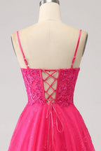 HEULORIA Vibrant Fuchsia Lace Prom Dress - Spaghetti Strap Bodice with High Slit & Corset Back ED-374