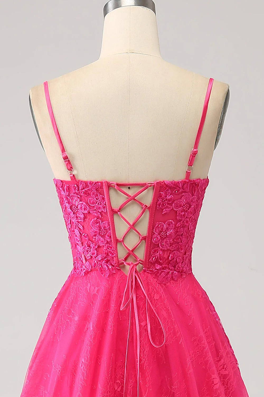 HEULORIA Vibrant Fuchsia Lace Prom Dress - Spaghetti Strap Bodice with High Slit & Corset Back ED-374