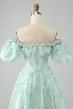 HEULORIA Romantic Floral Puff Sleeve Square Neck Mini Dress with Corset Waist ED-592