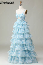HEULORIA Blue Floral Tiered Prom Dress with Sweetheart Neckline and Cutout ED-368