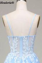 HEULORIA Sky Blue Lace Applique A-Line Tulle Prom Dress with Spaghetti Straps ED-348