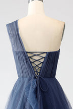 HEULORIA Sparkling One-Shoulder Cascading Ruffle Tulle Prom Gown - Elegant Lace-Up Back Formal Dress ED-250