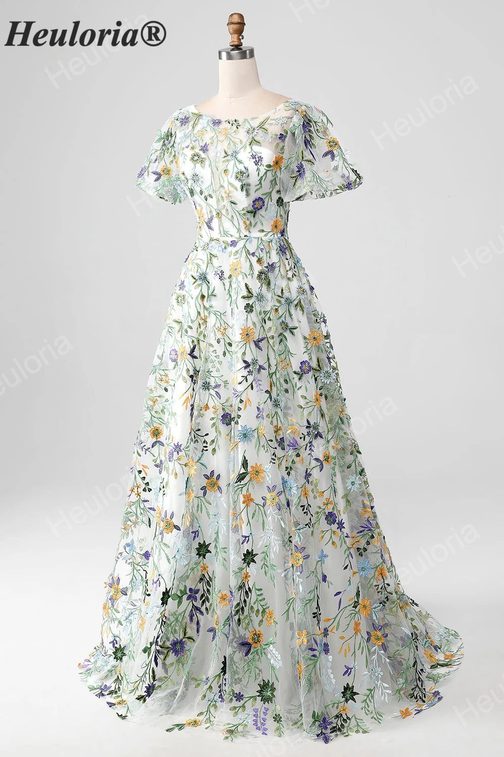 HEULORIA Enchanting Floral Embroidery Flutter Sleeve A-Line Evening Gown - Illusion Mesh Formal Dress ED-684