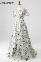 HEULORIA Enchanting Floral Embroidery Flutter Sleeve A-Line Evening Gown - Illusion Mesh Formal Dress ED-684