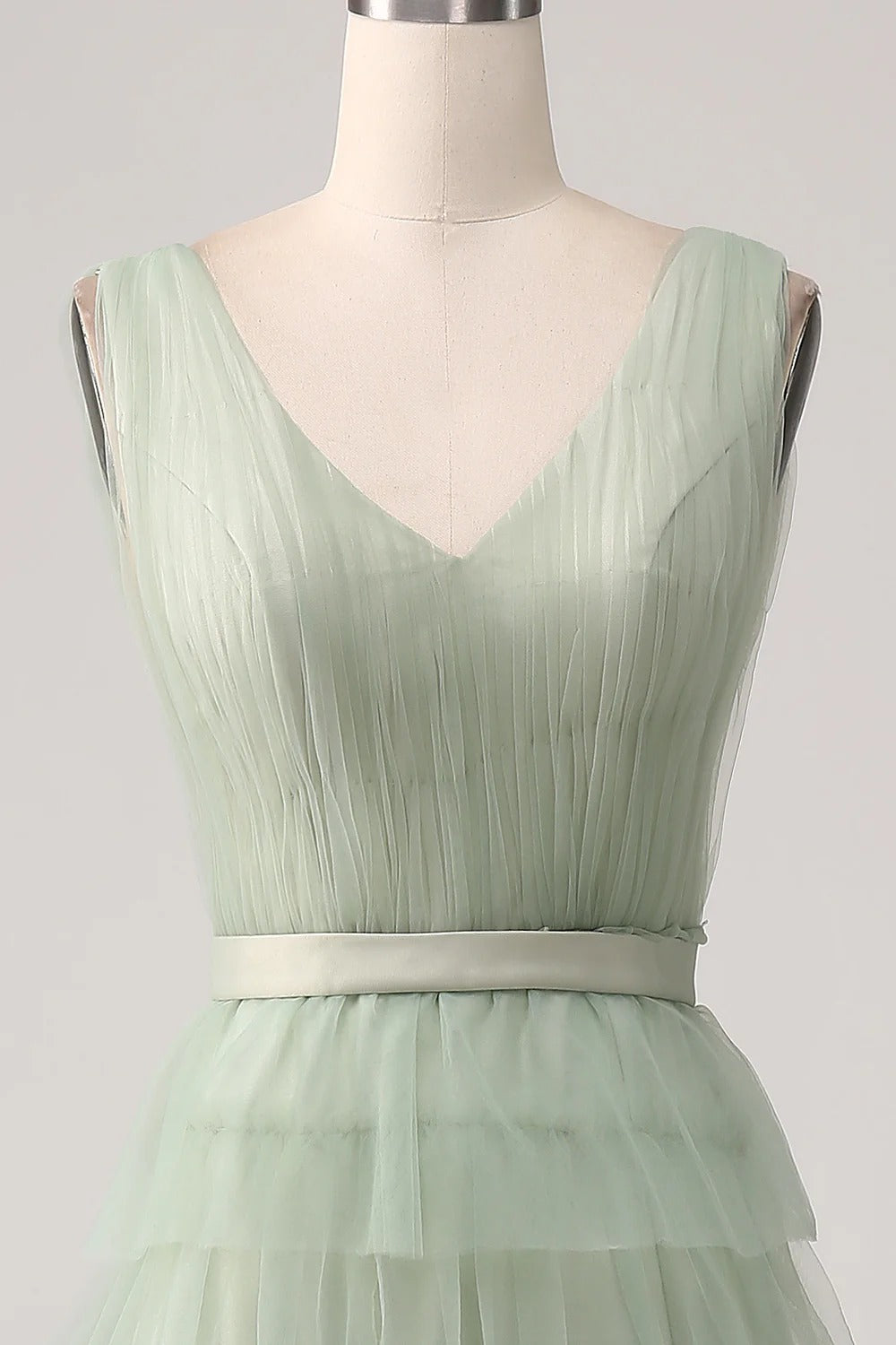 HEULORIA Sage Green Tiered Tulle V-Neck Evening Gown - Deep V-Back Formal Dress ED-267