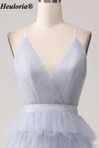 heuloria Dusty Blue V-Neck Tiered Tulle Prom Dress with Open Back ed-583