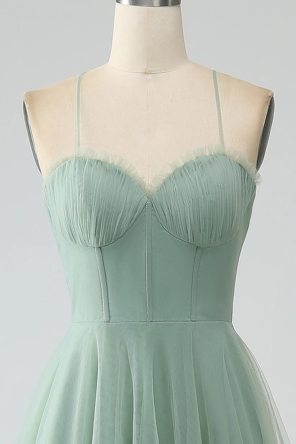 HEULORIA Sage Green Tea-Length Tulle Formal Dress - Frill Sweetheart Neckline & Corset Bodice Bridesmaid dresses ED-266